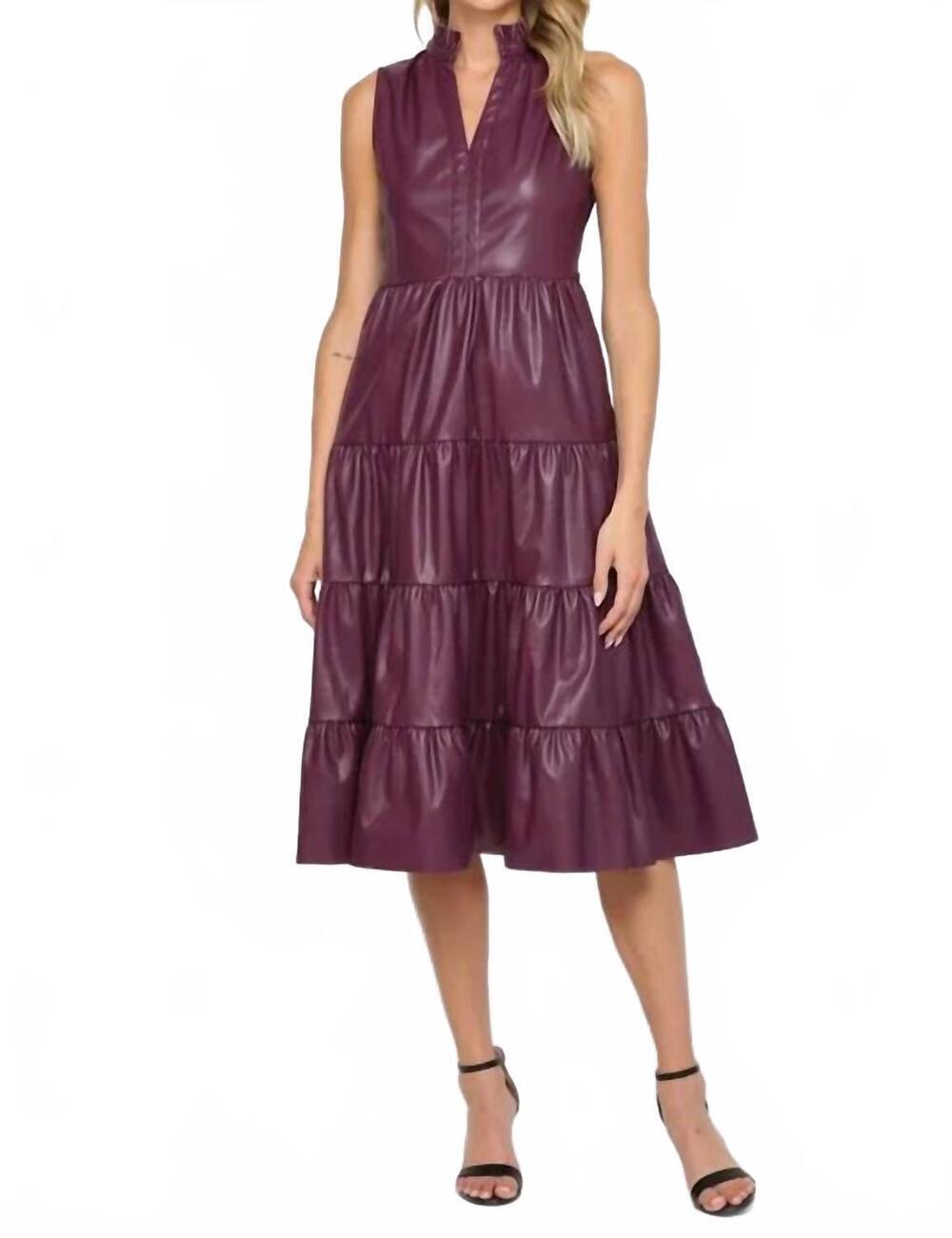 NEW FATE faux leather sleeveless tiered midi dress in wine